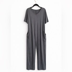 Charcoal Gray Short-Sleeve Jumpsuit with Pockets
